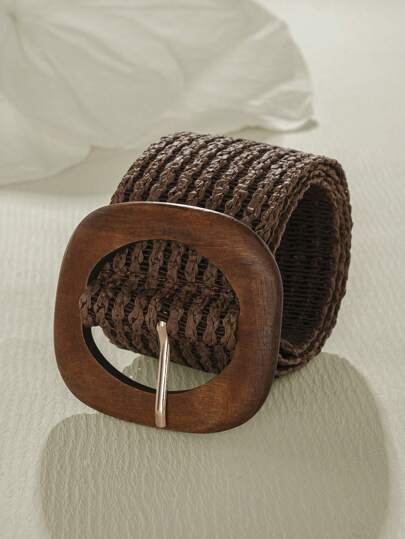 1pc Women Woven Wide Belt Fashion Belt With Wood Square Buckle For Dresses Halloween Summer, School