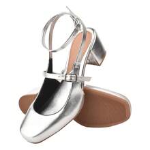 Retro Slingback Pumps Thick Heel Shoes - 銀色 - 查看 2
