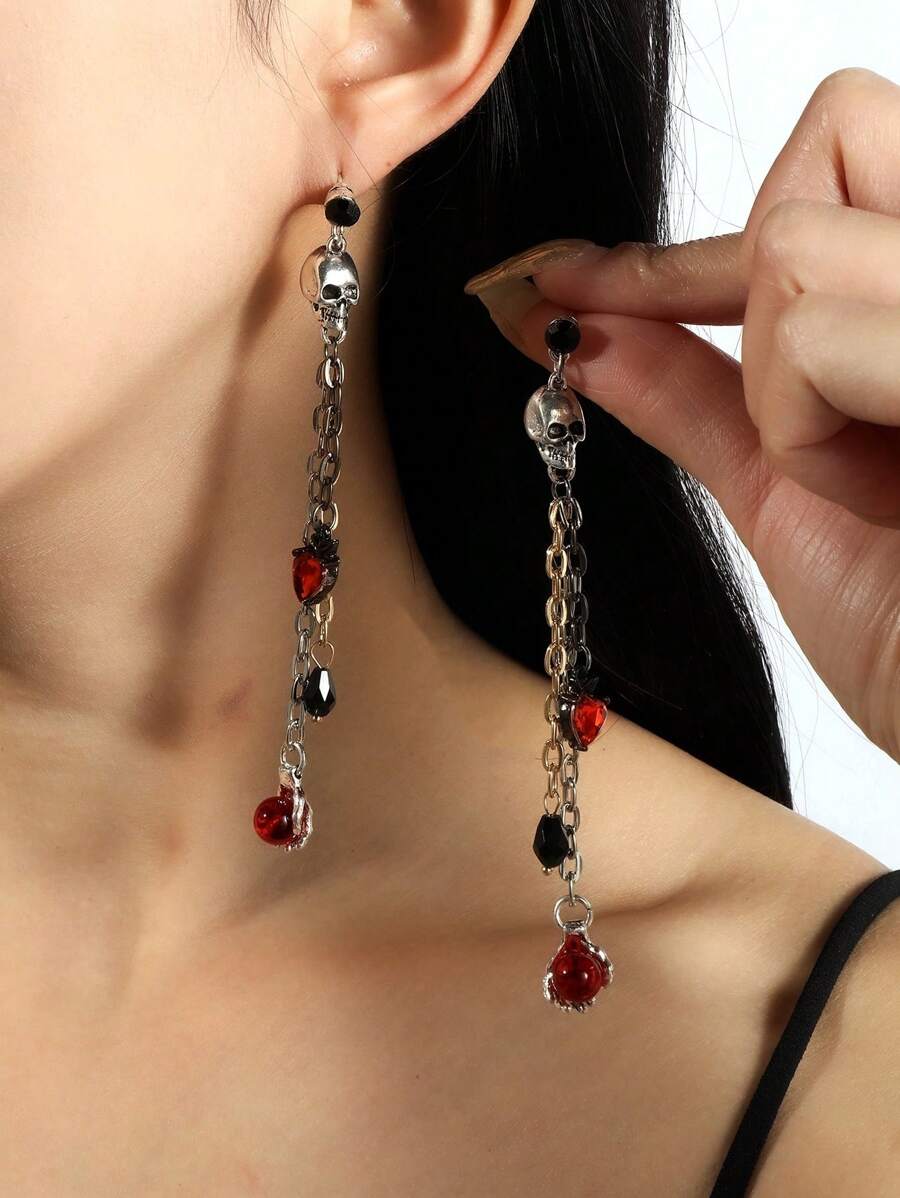 1 Pair Gothic Dark Skull Claw Tassel Pendant Earrings, Halloween Party Jewelry - Silver - View 1