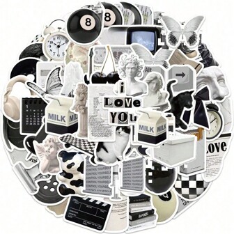 61PCS Groovy Black And White Stickers Aesthetic Stickers Graffiti Decal Stickers For Scrapbooking Vinyl Waterproof Stickers For Water Bottle,Laptop,Phone,Skateboard,Scrapbooking,Journaling Gifts,School Supplies,Back To School