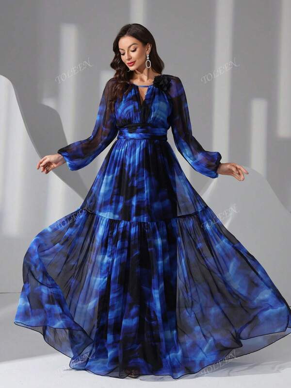 Women's Tie-Dye Print Lantern Sleeve Elegant Dress
