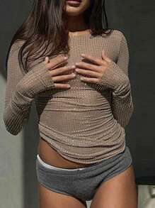 Áo thun nữ dài tay cổ tròn ôm sát, chất liệu lưới, bóng nhẹ, thích hợp cho các hoạt động ngoài trời, cắm trại, lễ hội âm nhạc mùa xuân. - màu nâu - Xem 5