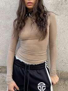 Áo thun nữ dài tay cổ tròn ôm sát, chất liệu lưới, bóng nhẹ, thích hợp cho các hoạt động ngoài trời, cắm trại, lễ hội âm nhạc mùa xuân. - màu nâu - Xem 6