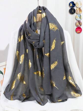 1pc Elegant Beach Accessories Women Foil Gold Feather Scarf Hijab, Headscarf, Beach Towel, Daily Wear, Festival Decoration Scarf Accessories Women Winter Fall
