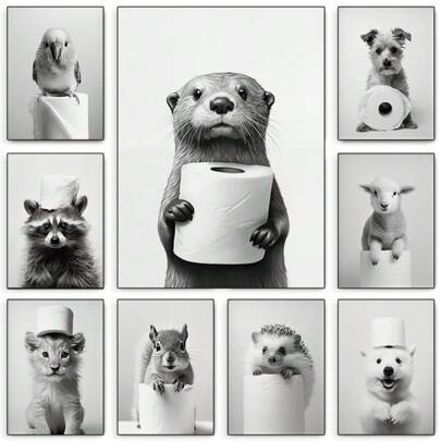 1 Pieza Pintura en lienzo de animales lindos en blanco y negro con papel higiénico - león, búho, gato, perro - decoración de pared para baño, sala de estar, hogar, regalo de cumpleaños, graduación