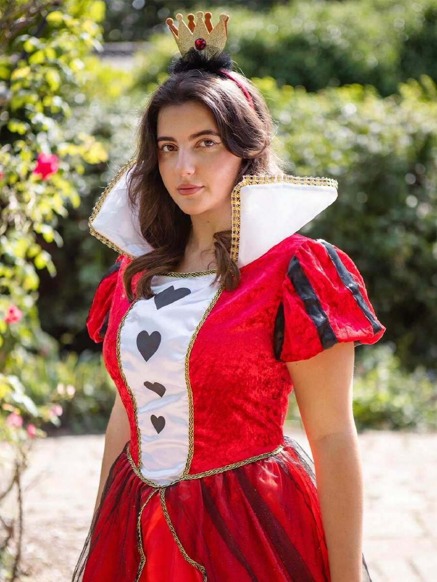 I LOVE FANCY DRESS 2pcs Ladies Queen Of Hearts Costume Floor Length Red Dress With Heart Design And Crown Women's World Book Day Alice In Wonderland Character Fancy Dress Costume For Teachers Halloween - Red - View 1