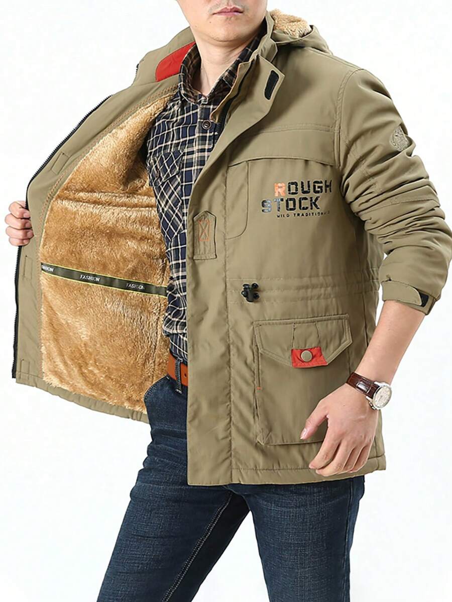 2024 New Casual Boyfriend Style Men's Solid Color Fleece Jacket With Detachable Hood, Simple And Versatile - Khaki - View 1