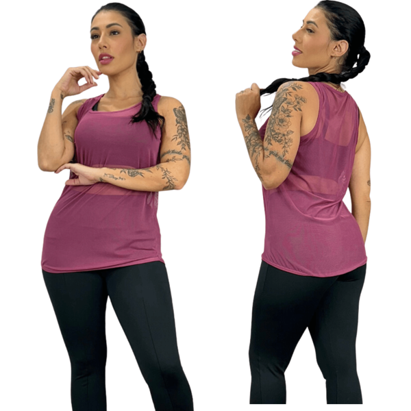 Kit C/ 3 Camisetas Regata de Tule Fitness academia