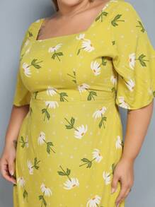 Women's Plus Size Printed Short Dress - flor verde lima - Ver 3