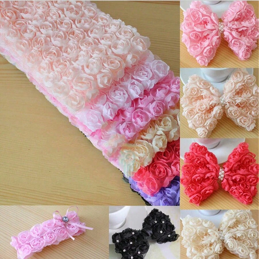 6 filas Flor de rosa 3D Cinta de encaje de borde de gasa 9 cm de ancho Estilo vintage Adornos de bordes Tela bordada Aplicación de costura Diy Vestido de novia Ropa Decoración de lazo