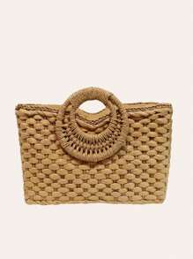 Bolso de playa grande con capacidad, tejido en paja cuadrado, con estilo retro, ideal para vacaciones de verano