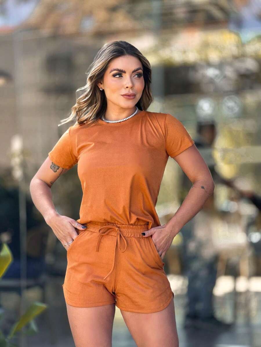 CONJUNTO SHORT SUEDE - Caramelo - Visão 1