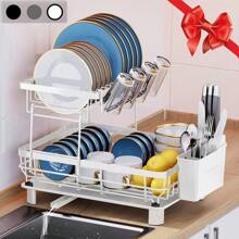 GROWSUN-2 Tier Dish Drying Rack Dish Racks For Kitchen Counter Metal Dish Drainers With Knife Cup Utensil Holder - White - View 2
