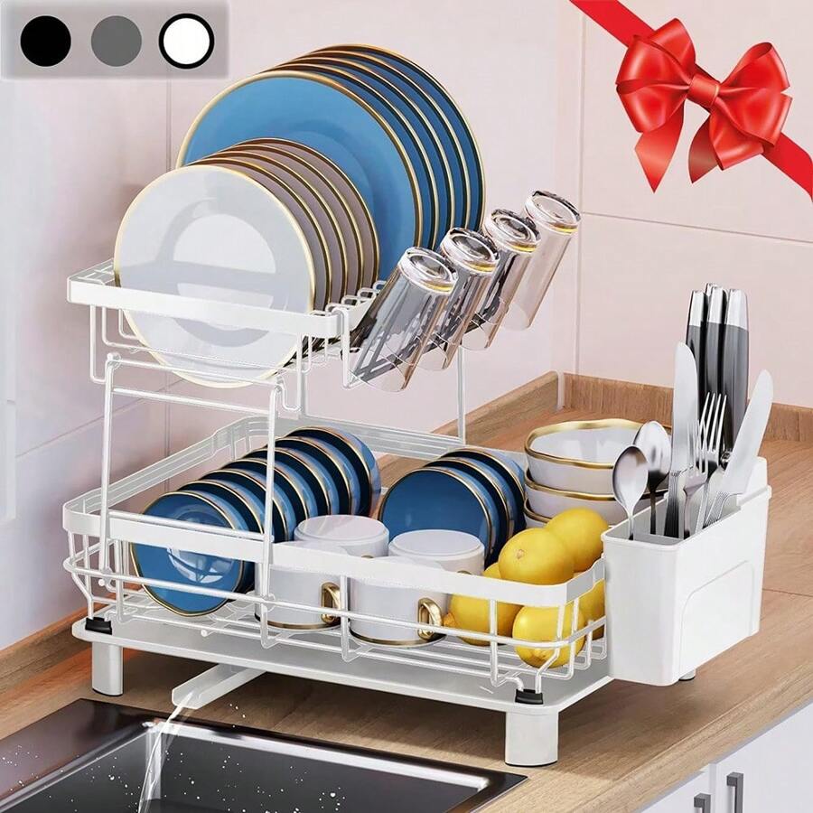 GROWSUN-2 Tier Dish Drying Rack Dish Racks For Kitchen Counter Metal Dish Drainers With Knife Cup Utensil Holder