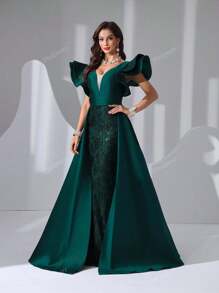 Vestito lungo da sera in raso con scollo a V, maniche a volant e paillettes, lungo fino a terra, abito da sera elegante per cerimonie, matrimoni, lauree, cene, Natale