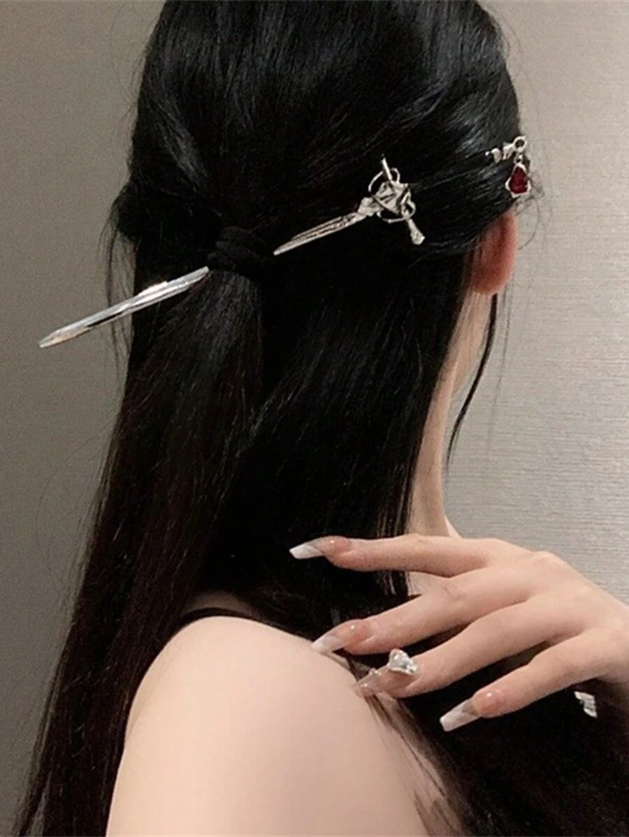 Grampo de Cabelo em Formato de Espada Estilo Chinês Retrô, Grampo de Cabelo de Metal Moderno Minimalista, Acessórios de Cabelo de Alta Qualidade para Mulheres no Halloween - Multicolorido - Visão 1