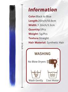 5 lọn tóc nối kẹp màu đen và xanh dương phối hợp, dài 20 inch, thẳng, chất liệu tổng hợp, thích hợp cho trang phục Halloween, tiệc thời trang, Giáng sinh, Năm mới và các dịp khác, có thể dùng làm quà tặng cho nữ, cũng thích hợp cho lễ hội Giáng sinh, Năm mới, lễ hội âm nhạc (màu đen và xanh dương phối hợp) - Nhiều màu - Xem 4