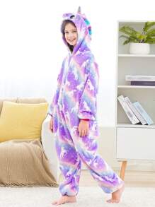 Tween Girl Purple Unicorn All-Over Print Zipper Casual Daily Home One-Piece Long Pants Pajamas - Multicolor - View 7