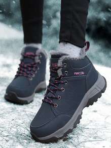 Women's Winter High-Top Casual Shoes, Thermal Lined Outdoor Hiking Sports Walking Shoes, Round Toe Lace-Up Snow Boots - Dark Blue Rose Red - View 1