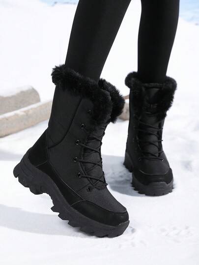 女款厚實保暖高筒冬季雪地靴，適合露營，鞋面與鞋底設計，時尚百搭毛絨雪靴