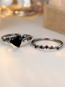 Tsnamer 2枚哥特式黑色金色结婚戒指订婚承诺斜心戒指哥特蓝/绿/黑色锆石戒指，适合女性、女孩日常佩戴，情人节、万圣节、节日珠宝礼物（独特斜心设计） - 戒指 - 查看 8