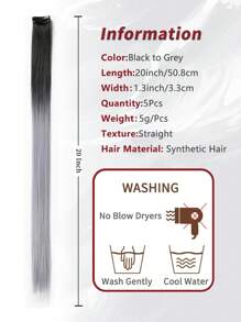 5片装黑灰混色夹式接发，20英寸长直发，合成材质，适合万圣节装扮、时尚派对、圣诞节、新年等场合，可作为女士礼物，也适用于圣诞节、新年狂欢节、音乐节（黑灰混色） - 彩色 - 查看 5