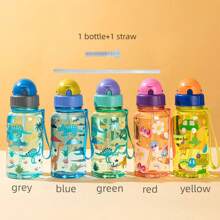 1pc 500ml Cute Cartoon Print Water Bottle With Straw For School Leak Proof & Easy Clean & Carry Handle, For Outdoor, Camping
