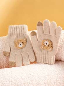 1 双儿童可爱卡通熊贴花保暖冬季针织手套（适合男孩/女孩） - 彩色 - 查看 9