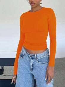 Áo thun nữ tay dài cổ tròn dáng ngắn, màu trơn, phong cách tối giản, ôm sát, mang hơi hướng Y2K gợi cảm, thích hợp cho mùa xuân/thu. - trái cam - Xem 4