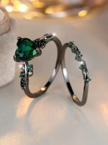 Tsnamer 2枚哥特式黑色金色结婚戒指订婚承诺斜心戒指哥特蓝/绿/黑色锆石戒指，适合女性、女孩日常佩戴，情人节、万圣节、节日珠宝礼物（独特斜心设计） - 戒指 - 查看 6