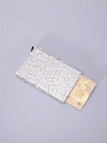 1 件纯色全水钻镶嵌金属/ID 时尚优雅适合日常购物派对四季钱包小号 PU 皮革 S 卡盒礼品卡夹钱包名片夹信用卡夹女士女士迷你钱包卡钱包 Rfid 钱包 - 銀色 - 查看 5