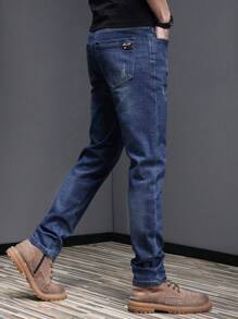 男士猫抓纹理弹力修身锥形口袋直筒牛仔裤，宽松长款，马蹄形水洗，复古蓝，Y2K风格，适合与朋友休闲外出