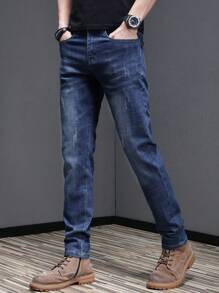 男士猫抓纹理弹力修身锥形口袋直筒牛仔裤，宽松长款，马蹄形水洗，复古蓝，Y2K风格，适合与朋友休闲外出