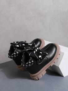 女孩蝴蝶结装饰仿皮休闲踝靴柔软内衬儿童时尚靴子