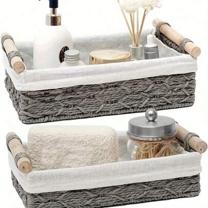 Juego de 2/1 cesta de almacenamiento trenzada en estilo rústico con forro y asas - Organizador decorativo de mostrador para ropa, toallas y varios - Cestas de ratán y mimbre para almacenamiento en el baño, caja, cesto, cesta de regalo, estantería colgante, decoración del hogar rosa, accesorios de cocina, cesta de maceta de cuerda bohemia, decoración de jardín de ratán natural mixto, cestas boho con marco de metal para estilo costero, cesta geométrica