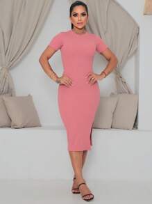 Midi Dress With Side Opening In Wrinkled Ana Fabric - Rusty Rose - View 4