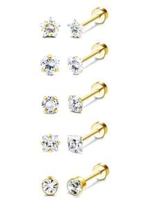 10pcs Small Hypoallergenic Flat Back Stud Earrings For Women Men Golden Plated Stainless Steel Earring Sets Tiny Screw Back Cartilage Earring