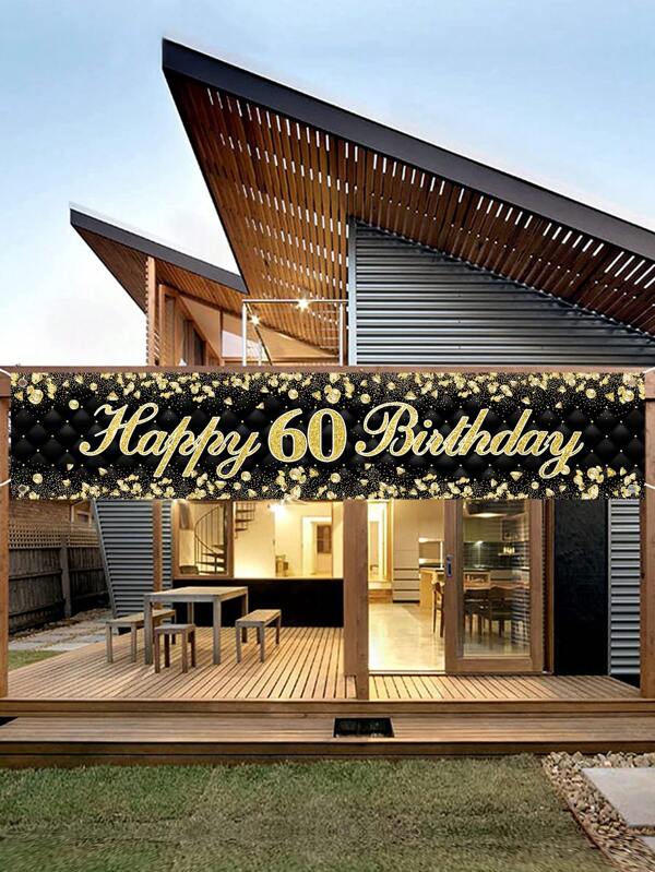 1pc 40*200cm Black Gold 60th Birthday Polyester Banner, Birthday Party Background Decoration Supplies Background Cloth Banner,Christmas