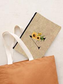 1pc Initials Printed Women's Makeup Bag, Khaki Small Bag, Sunflower Flower Print, Letters A-Z, Cosmetic Bag, Portable Wash Bag, Teacher's Day Gift, Reusable Makeup Bag, Women's Simple And Large Capacity Makeup Bag, Suitable For Weddings, Mother And Grandmother's Birthday Gifts, Ladies, Friends, Bridesmaids, Essentials Make Up Bag Holiday Essentials Makeup Bags Makeup Pouch 2024 Makeup Organizer Make Up Organizer Makeup Storage - Khaki - View 6