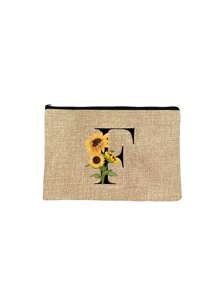 1pc Initials Printed Women's Makeup Bag, Khaki Small Bag, Sunflower Flower Print, Letters A-Z, Cosmetic Bag, Portable Wash Bag, Teacher's Day Gift, Reusable Makeup Bag, Women's Simple And Large Capacity Makeup Bag, Suitable For Weddings, Mother And Grandmother's Birthday Gifts, Ladies, Friends, Bridesmaids, Essentials Make Up Bag Holiday Essentials Makeup Bags Makeup Pouch 2024 Makeup Organizer Make Up Organizer Makeup Storage - Khaki - View 12
