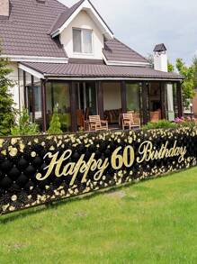 1pc 40*200cm Black Gold 60th Birthday Polyester Banner, Birthday Party Background Decoration Supplies Background Cloth Banner,Christmas