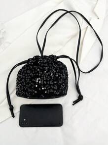 Crossbody Drawstring Pleated Design, Soft Hand-Held Shoulder Bag, Colorful Sequin Bag, Stylish Sequin Bag, Drawstring Bucket Small Bag, Fashionable Shoulder Bag, Personalized Colorful Crossbody Bag , New Year - Black - View 4