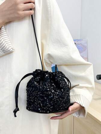 Borsa a tracolla con coulisse e design plissettato, borsa a spalla morbida, borsa con paillettes colorate, borsa con paillettes alla moda, piccola borsa a secchiello con coulisse, borsa a spalla alla moda, borsa a tracolla colorata personalizzata