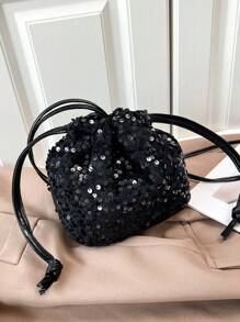 Crossbody Drawstring Pleated Design, Soft Hand-Held Shoulder Bag, Colorful Sequin Bag, Stylish Sequin Bag, Drawstring Bucket Small Bag, Fashionable Shoulder Bag, Personalized Colorful Crossbody Bag , New Year - Black - View 2