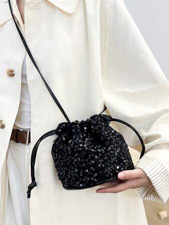 Bolso de hombro con cordón ajustable, diseño plisado, bolso de mano suave, bolso con lentejuelas de colores, bolso con lentejuelas con estilo, bolso pequeño con cordón tipo cubo, bolso de hombro a la moda, bolso cruzado de colores personalizado