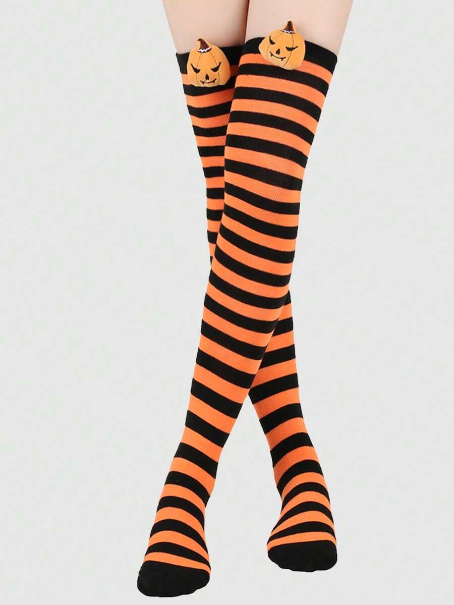 1 Pair Kids Classic Striped Pumpkin Knee High Socks, Halloween Costume Socks