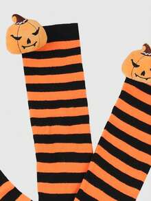 1 Pair Kids Classic Striped Pumpkin Knee High Socks, Halloween Costume Socks