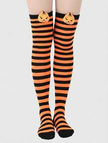 1 Pair Kids Classic Striped Pumpkin Knee High Socks, Halloween Costume Socks