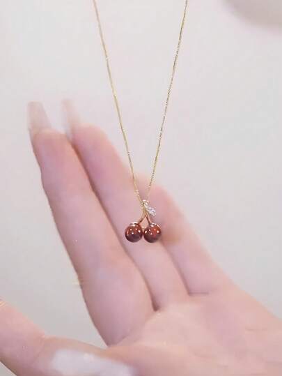 BALMORA 1入組精美S925純銀櫻桃水果吊墜項鍊合適的適合女士,可調節鎖骨鏈條適合派對