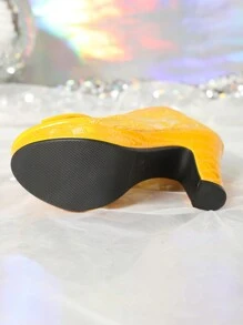 女士蕾丝、水钻蝴蝶结装饰厚底高跟鞋，黄色，圆头，粗跟，2024 年秋季新品 - 黃色 - 查看 7